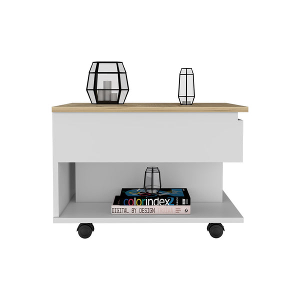 English Elm Lift Top Coffee Table Mercuri with Hidden Storage and Locking Casters, Durable Particleboard Design White + Light Oak B092123050