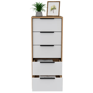 English Elm 5 Drawers Dresser - Stylish White & Pine Storage Solution With Metal Handles For Compact Spaces B092122995