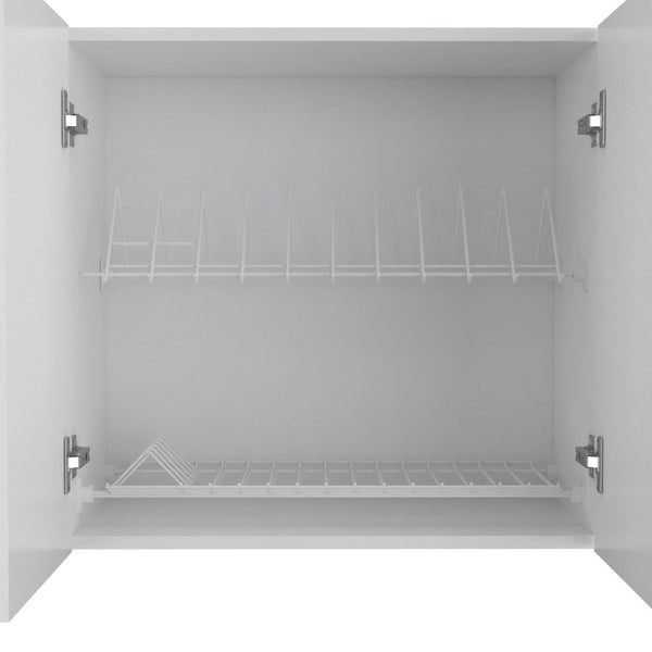 English Elm Wall Cabinet Ontario - Modern Double-Door Design In White With Built-In Dish Rack & Open Shelves B092123033-GIGA