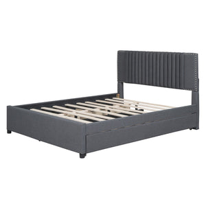 English Elm Queen Upholstered Platform Bed with Classic Headboard, 2 Storage Drawers & Large Twin Trundle for Extra Sleep Space and Durable Slat Support Gray SF000015AAE