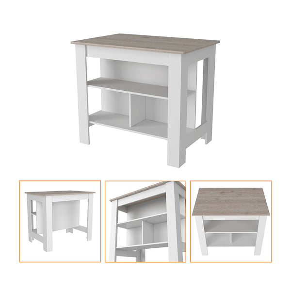 English Elm Kitchen Island Antibacterial Dozza - Stylish Light Gray & White Finish With 3 Storage Shelves B092122914