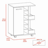 English Elm Bar Cart Wells, Four Casters, Six Wine Cubbies, Single Door Cabinet, White Finish