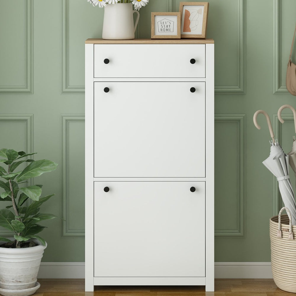English Elm On-trend White Entryway Shoe Cabinet with Flip Drawers and Wood Grain Veneer Top WF308547AAK