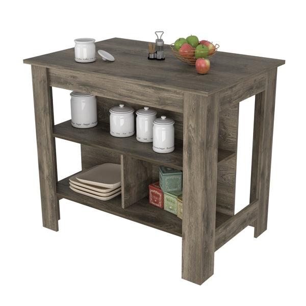 English Elm Kitchen Island Dozza With Three Shelves - Stylish Dark Brown Finish For Modern Organized Spaces B092122908