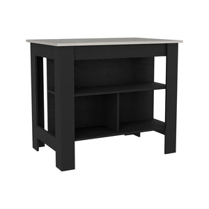 English Elm Kitchen Island Dozza - Modern Black & Ibiza Marble Finish With 3 Shelves For Stylish Storage & Prep B092122907