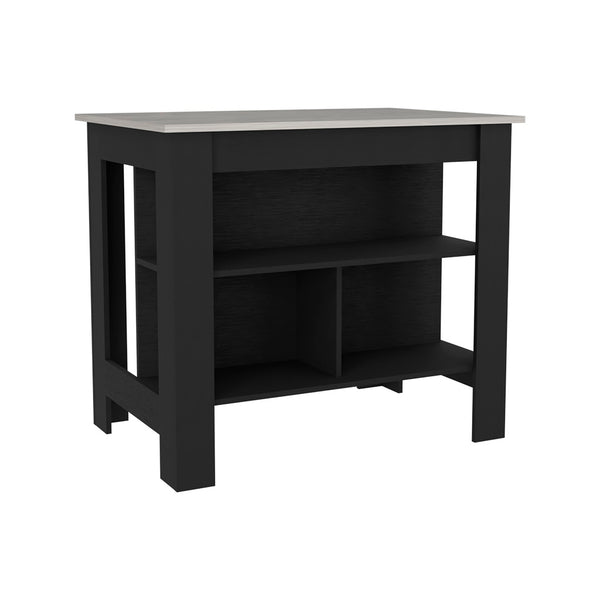 English Elm Kitchen Island Dozza - Modern Black & Ibiza Marble Finish With 3 Shelves For Stylish Storage & Prep B092122907