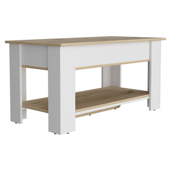 English Elm Storage Table Polgon - Modern Extendable Furniture With Liftable Top & Shoe Rack In Light Oak/White B092123049-GIGA