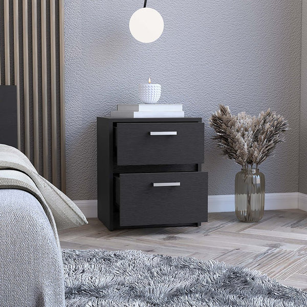 English Elm Nightstand With Chequered Front, Two Drawers, Modern Black Wengue Finish For Stylish Storage Solutions B092123119