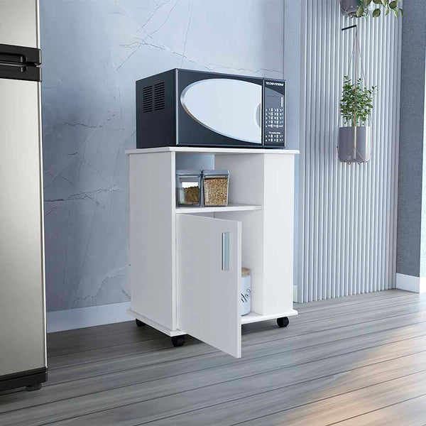 English Elm Kitchen Cart Newark White Finish with 3 Side Shelves, 4 Open Shelves & Locking Casters for Microwaves B092123026