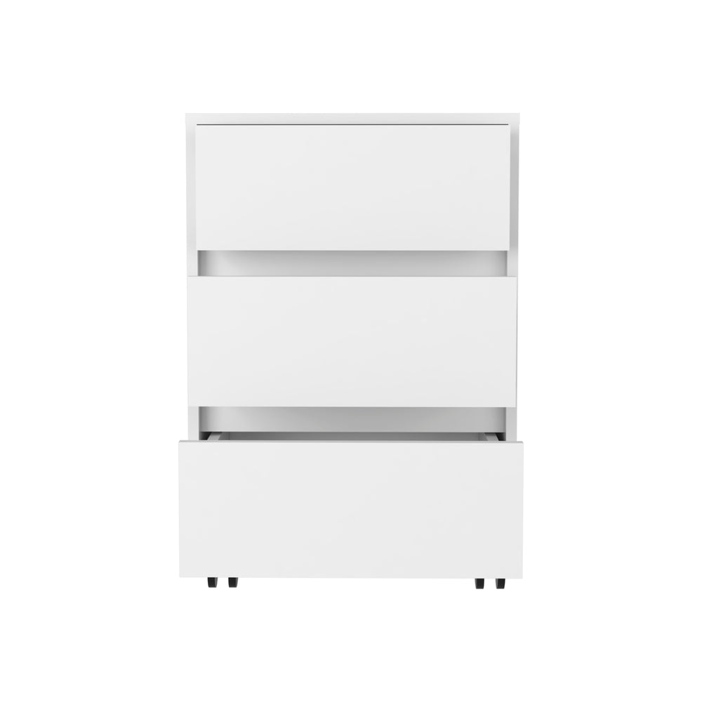 English Elm Three Drawer Mobile File Cabinet with 3 Locking Wheels, Roller Glide, White Particleboard Storage B092122979