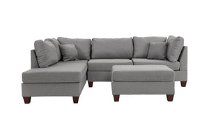 English Elm Grey 3-Piece Reversible Chaise Sectional Sofa with Ottoman - Linen-Like Polyfiber, Pillow Back Comfort B011S00309