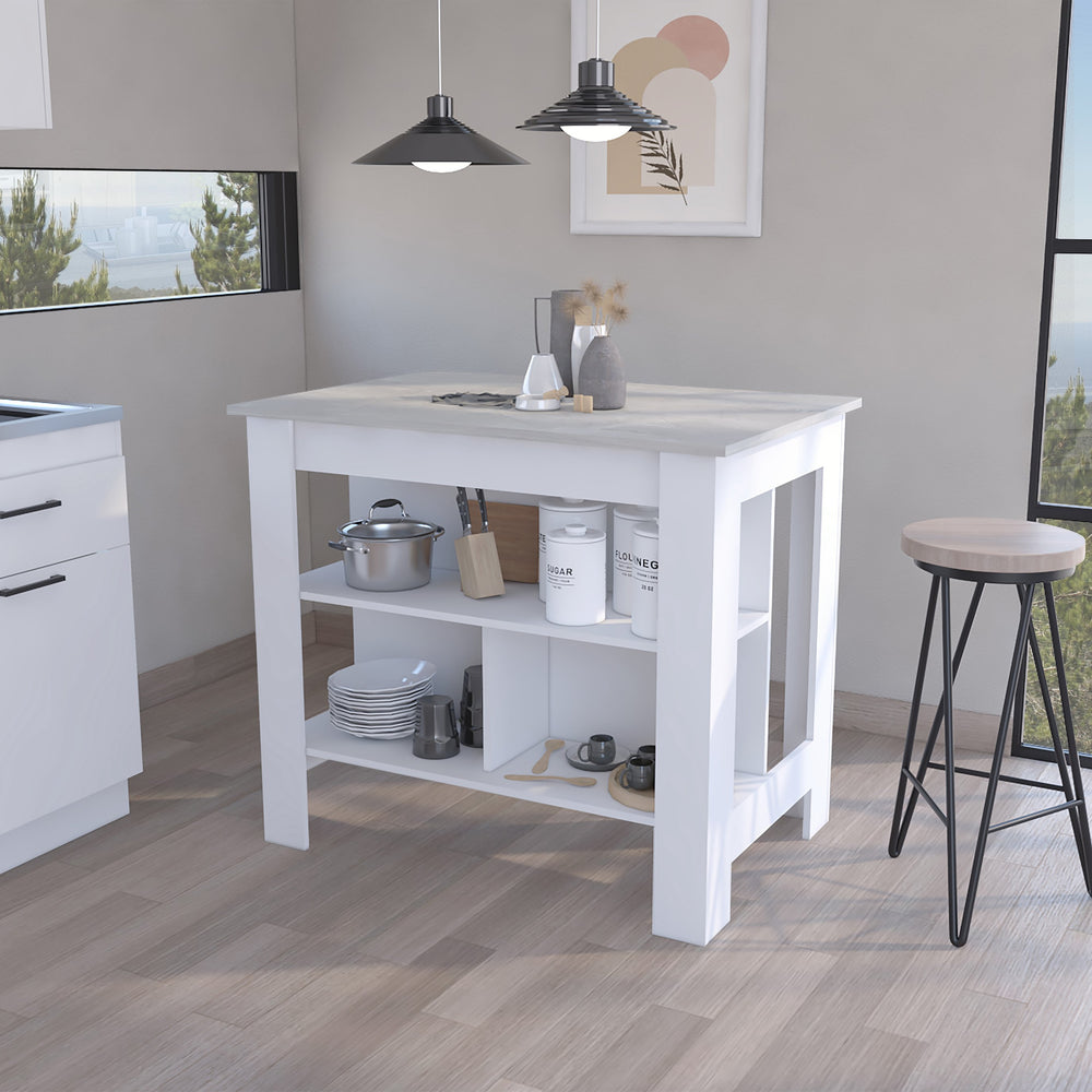 English Elm Kitchen Island Dozza - Stylish White Island With Ibiza Marble Finish And 3 Storage Shelves For Easy Organization B092122910