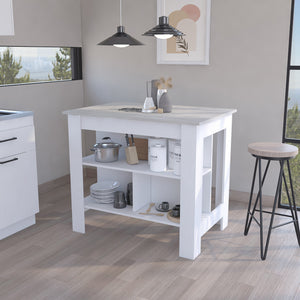 English Elm Kitchen Island Dozza - Stylish White Island With Ibiza Marble Finish And 3 Storage Shelves For Easy Organization B092122910