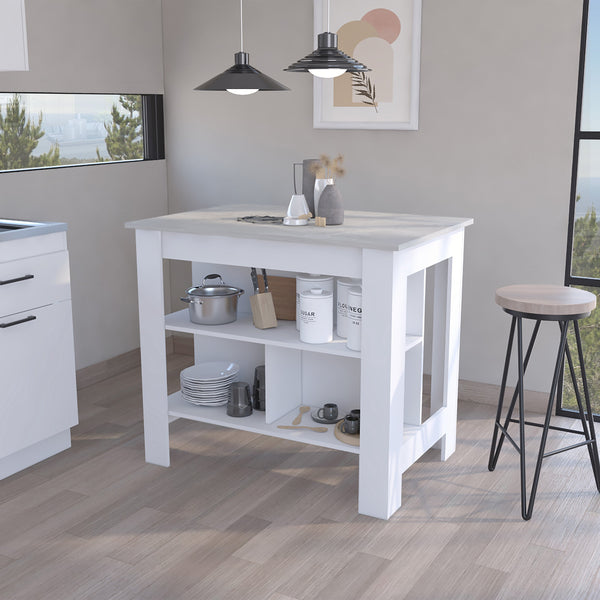 English Elm Kitchen Island Dozza - Stylish White Island With Ibiza Marble Finish And 3 Storage Shelves For Easy Organization B092122910
