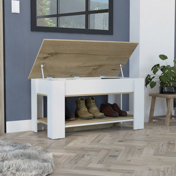 English Elm Storage Table Polgon - Modern Extendable Furniture With Liftable Top & Shoe Rack In Light Oak/White B092123049-GIGA