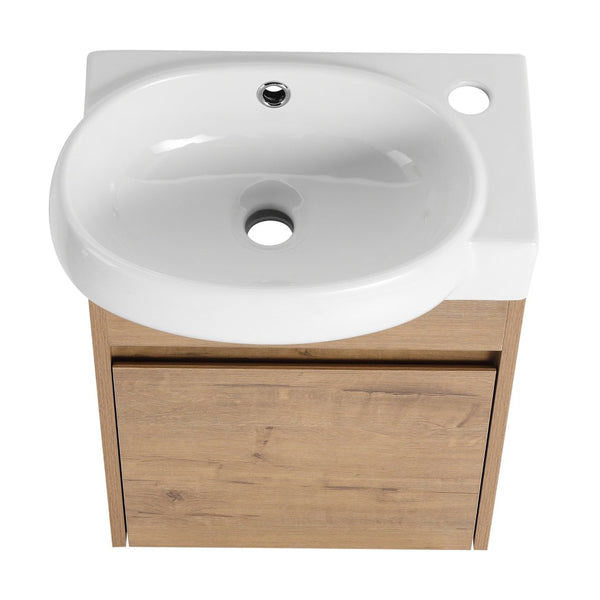 English Elm Soft Close Wall Mounted Bathroom Vanity with Ceramic Vessel Sink and Storage Rack W999S00488