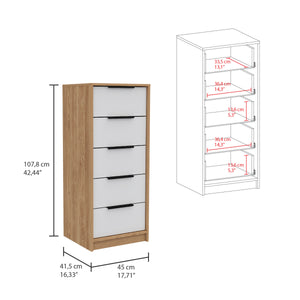 English Elm 5 Drawers Dresser - Stylish White & Pine Storage Solution With Metal Handles For Compact Spaces B092122995