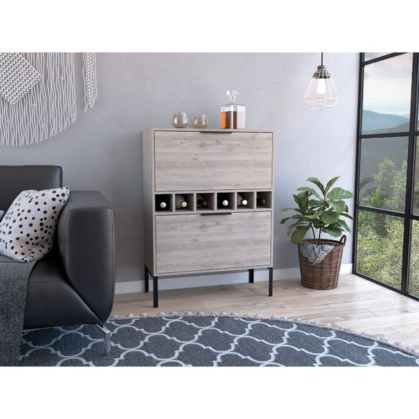 English Elm Bar Cabinet Puertu Light Gray, Six Wine Cubbies & Double Doors, Durable Particle Board, 38.97"L B092123057