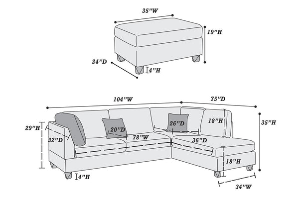 English Elm Chocolate 3-Piece Reversible Chaise Sectional Sofa with Ottoman, Linen-Like Fabric, Plush Cushions, Modern Comfort B011S00307