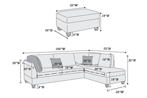 English Elm Grey 3-Piece Reversible Chaise Sectional Sofa with Ottoman - Linen-Like Polyfiber, Pillow Back Comfort B011S00309