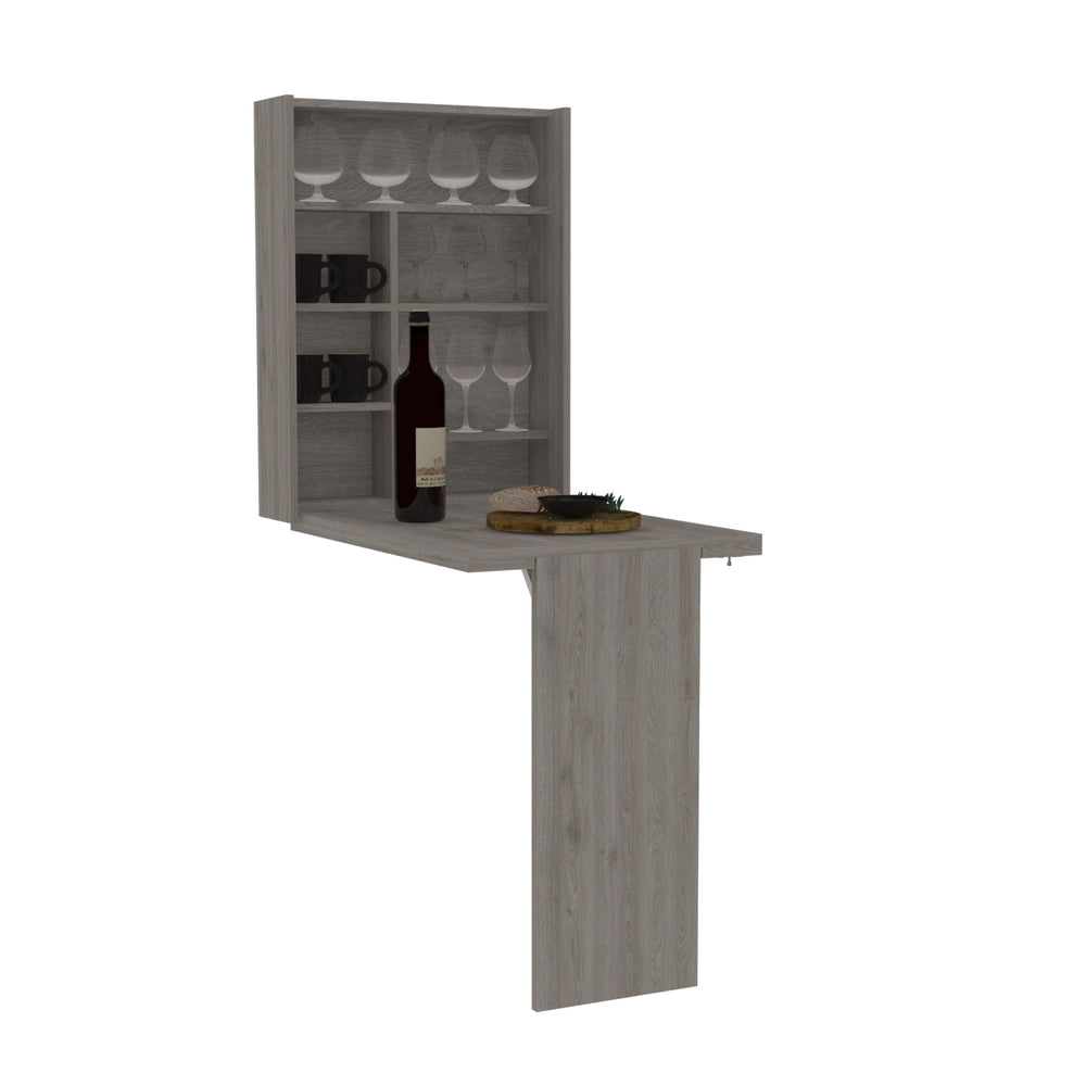 English Elm Foldable wall-mounted table Tacoma with space-saving hutch, seven shelves, durable particleboard design Light Gray B092123082