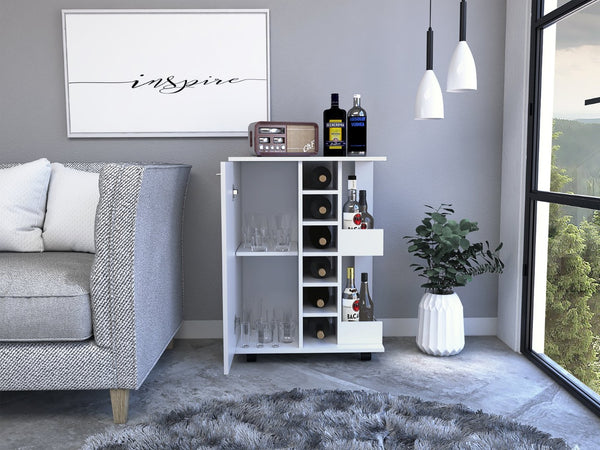 English Elm Bar Cart with Six Wine Cubbies Enclosed Cabinet Rolling Casters White Finish B092123308