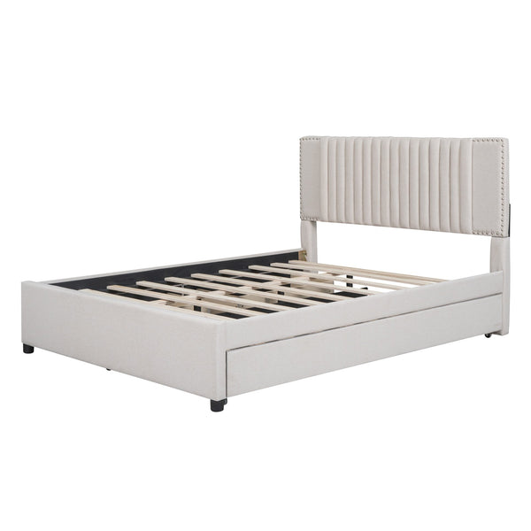 English Elm Queen Upholstered Platform Bed with Classic Headboard, 2 Storage Drawers & Large Twin Trundle for Extra Sleep Space and Durable Slat Support Beige SF000015AAA