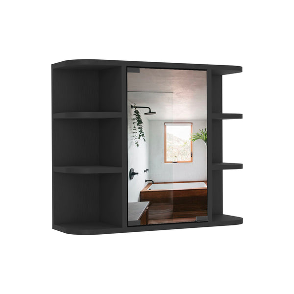 English Elm Medicine Cabinet Milano - Sleek Wall-Mounted Storage With Mirror, 6 Open Shelves & Black Finish B092123009