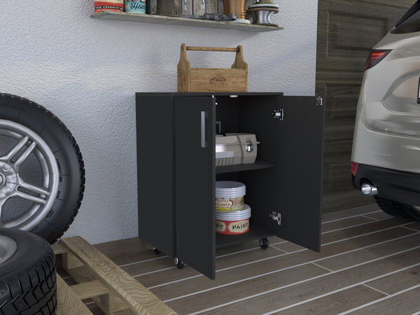 English Elm Storage Cabinet Lions Double-Door with Casters, Black Wengue Finish, Mobile Organizer with Shelf B092122981