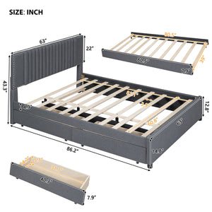English Elm Queen Upholstered Platform Bed with Classic Headboard, 2 Storage Drawers & Large Twin Trundle for Extra Sleep Space and Durable Slat Support Gray SF000015AAE