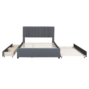 English Elm Queen Upholstered Platform Bed with Classic Headboard, 2 Storage Drawers & Large Twin Trundle for Extra Sleep Space and Durable Slat Support Gray SF000015AAE