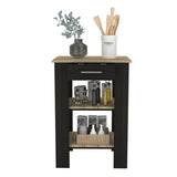 English Elm Kitchen Island 23 Inches Dozza With Single Drawer and Two-Tier Shelves, Black Wengue / Light Oak Finish