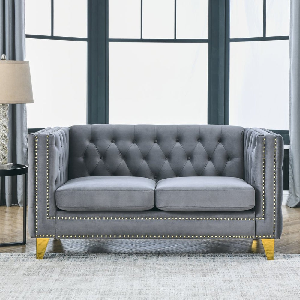 English Elm {contact Us for Tufted Velvet Two Seat Sofa with Nailhead Trim and Polished Metal Legs Gray W834S00572