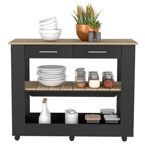 English Elm Kitchen Island 46 Inches Dozza – Mobile Storage With Drawers & Open Shelves In Black Wenge Finish B092123278