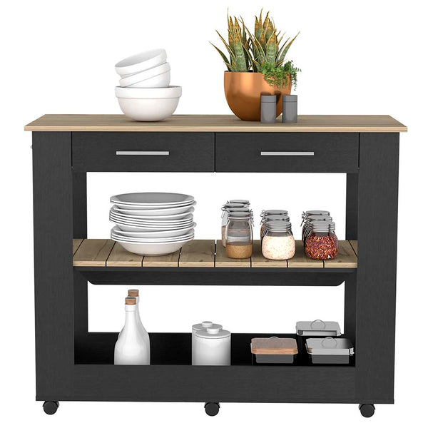English Elm Kitchen Island 46 Inches Dozza – Mobile Storage With Drawers & Open Shelves In Black Wenge Finish B092123278