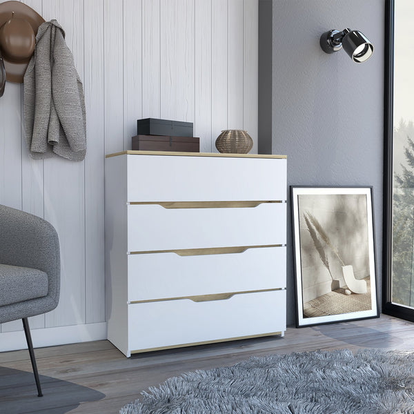 English Elm Dresser Oboe with Superior Top and Four Spacious Drawers, Durable Particle Board, Modern Finish White + Light Oak B092123030