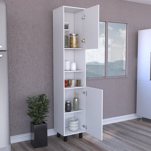 English Elm Pantry Almada Tall Storage Cabinet with 3 Shelves, Chrome Handles, Adjustable Metal Legs, Durable Engineered Particleboard White B092122845