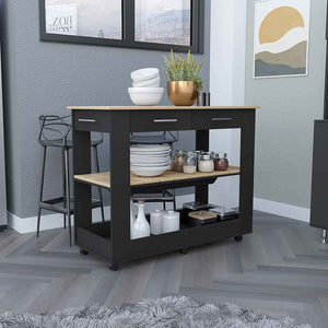 English Elm Kitchen Island 46 Inches Dozza – Mobile Storage With Drawers & Open Shelves In Black Wenge Finish B092123278