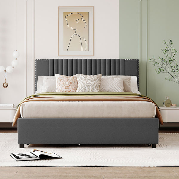 English Elm Queen Upholstered Platform Bed with Classic Headboard, 2 Storage Drawers & Large Twin Trundle for Extra Sleep Space and Durable Slat Support Gray SF000015AAE