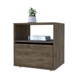 English Elm Nightstand Forum, One Open Shelf, One Cabinet, Dark Brown / Black Wengue Finish