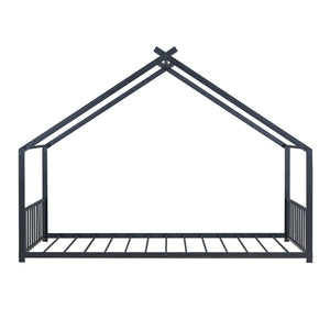 English Elm Twin Metal House Bed with Roof Frame for Kids — Sturdy 350lb Capacity, Playful Semi-Enclosed Design Black MF305886AAB