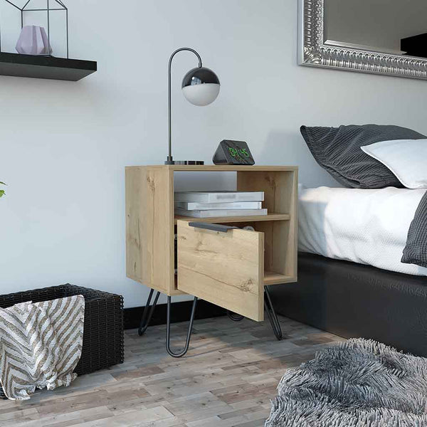 English Elm Nightstand Skyoner - Mid-Century Modern Design With Light Oak Finish, Hairpin Legs & Ample Storage B092123076