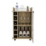 English Elm Bar Cart Baltimore, Two Tier Cabinet With Glass Door, Six Wine Cubbies, Light Oak Finish