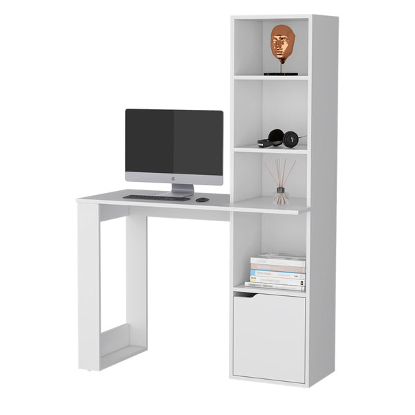 English Elm Office Desk Aragon with Integrated Four-Tier Bookcase and Concealed Lower Cabinet for Organized Workspaces White B092123142