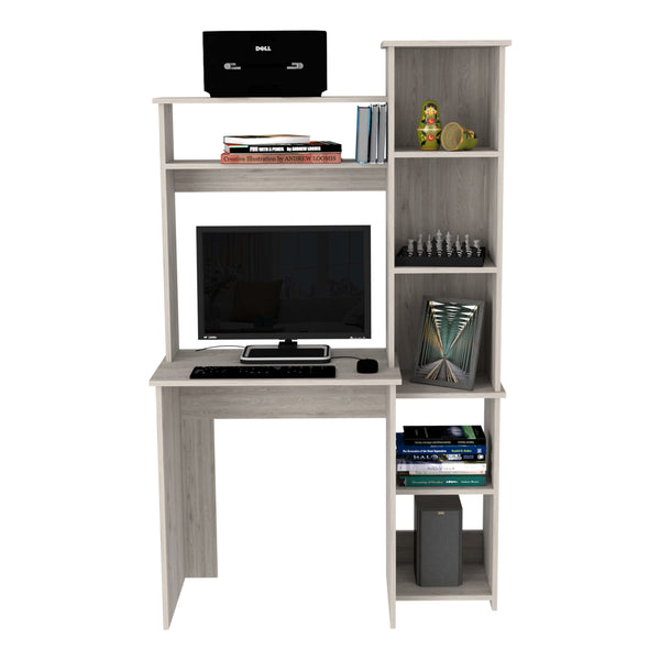English Elm Desk Logan Modern Workstation with Five Cubbies and Spacious Monitor Nook, Durable Particleboard Finish Light Gray B092122987