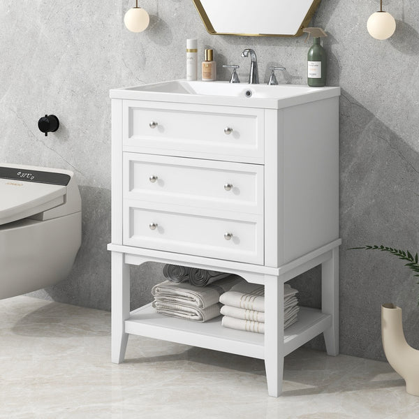 English Elm 24" Modern Bathroom Vanity with Ceramic Sink, Solid Wood Frame, Drawer & Open Shelf, White Finish SY999991AAK
