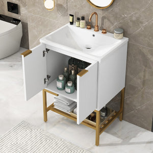 English Elm 24" Bathroom Vanity With Sink, Bathroom Vanity Cabinet With Two Doors and Gold Metal Frame, Open Storage Shelf, White