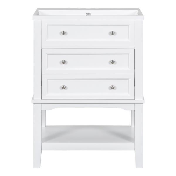 English Elm 24" Bathroom Vanity with Sink Solid Wood Frame White | Modern 1-Drawer Cabinet & Open Shelf, Ceramic Top N725P246479K