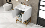 English Elm 24" Bathroom Vanity With Sink, Bathroom Vanity Cabinet With Two Doors and Gold Metal Frame, Open Storage Shelf, White