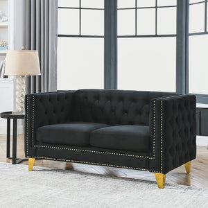 English Elm {contact Us for Tufted Velvet Two Seat Sofa with Nailhead Trim and Polished Metal Legs Black W834S00571